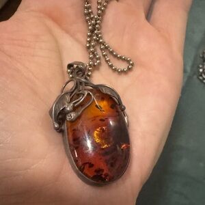 Vintage Real Oval Amber Pendant and Silver Necklace